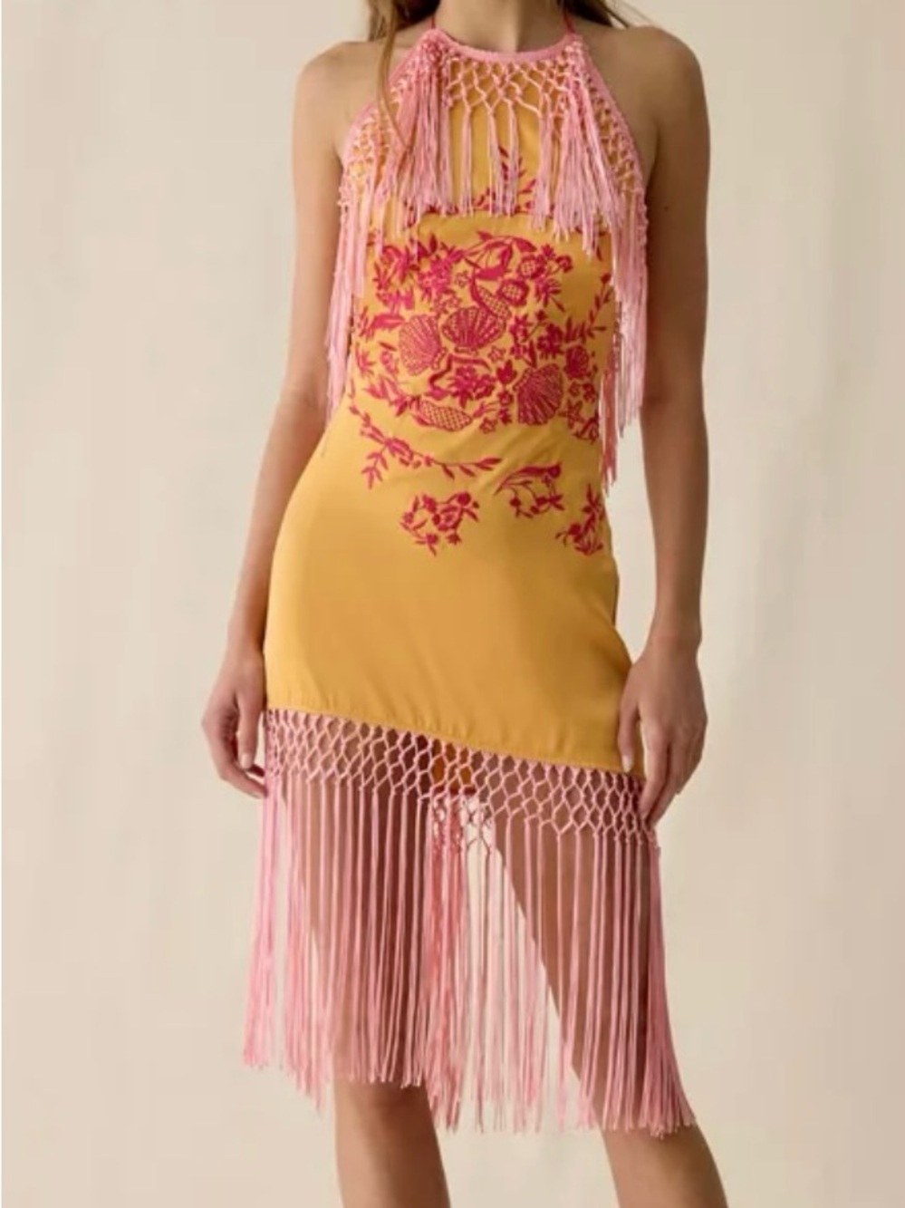 Urban Outfitters Hot Stuff Fringe Halter Dress with Floral Embroidery